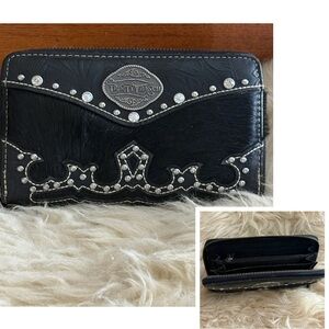 Trinity Ranch Black Embossed Vegan Leather Wallet with Cowhide and Silver